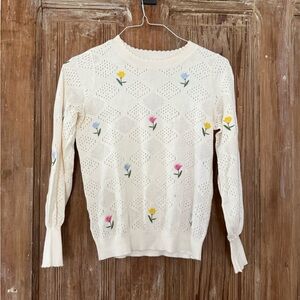 LOFT Cream Sweater with Floral Accents